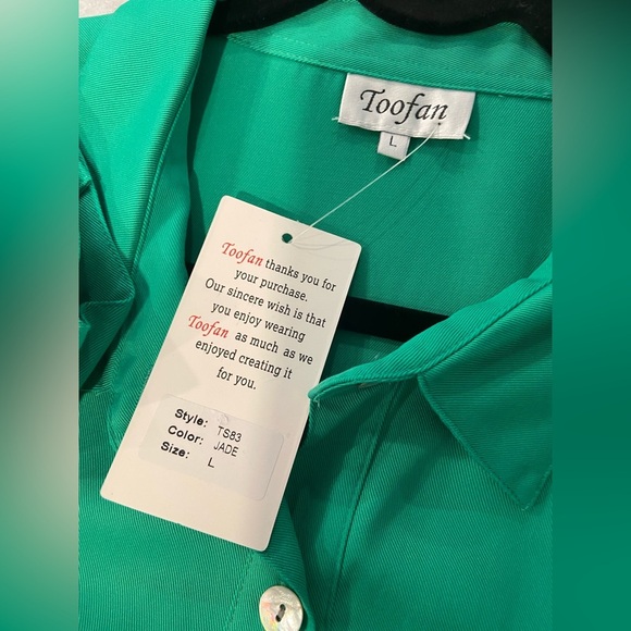 NWT Toofan Size L Jade Green Long Sleeve Pearl Button Front Tiered Shift Dress - Picture 13 of 14